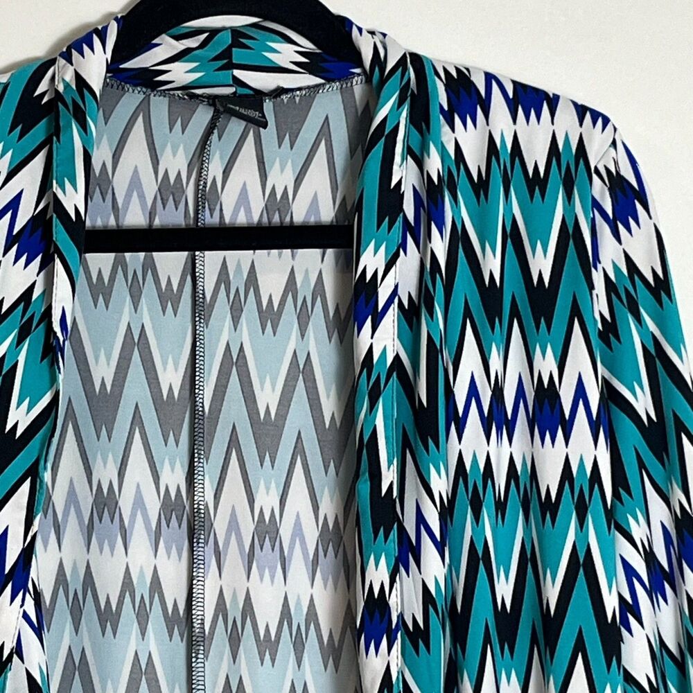 Robert Louis Chevron Open Front Cardigan Blazer Small Teal Blue Zigzag w/Pockets
